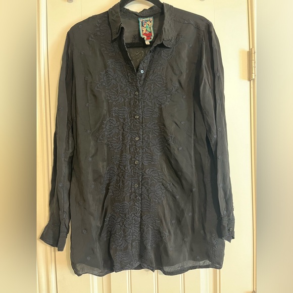 Johnny Was black button down with navy embroidery SZ Small - Picture 1 of 4